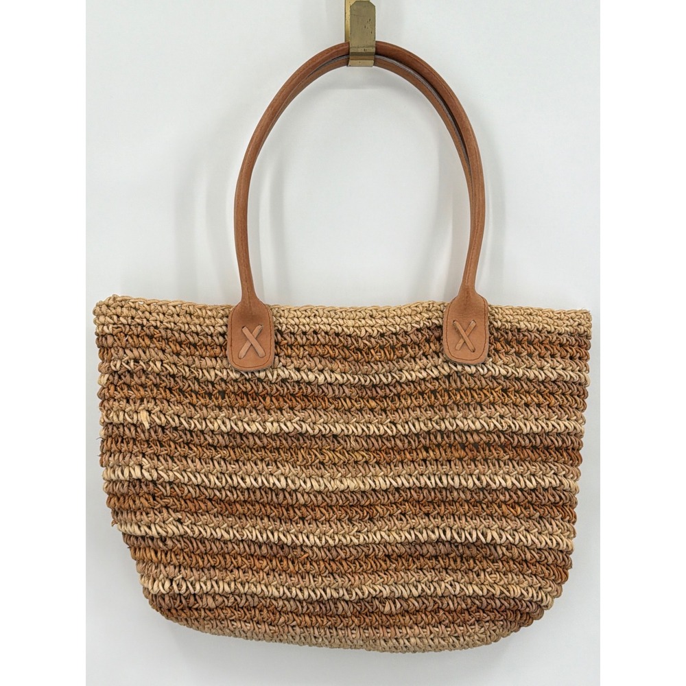 Woven Straw Tote Bag Striped Brown Tan Beach Shoulder Bag Large Zipper Top